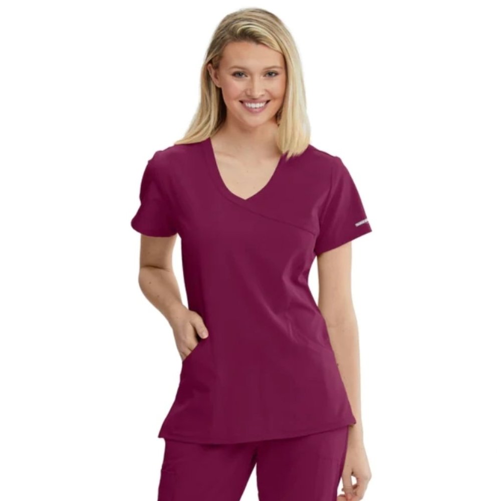 Skechers by Barco Reliance Women's Maroon 3-Pocket STRETCH Mock Wrap Scrub Top